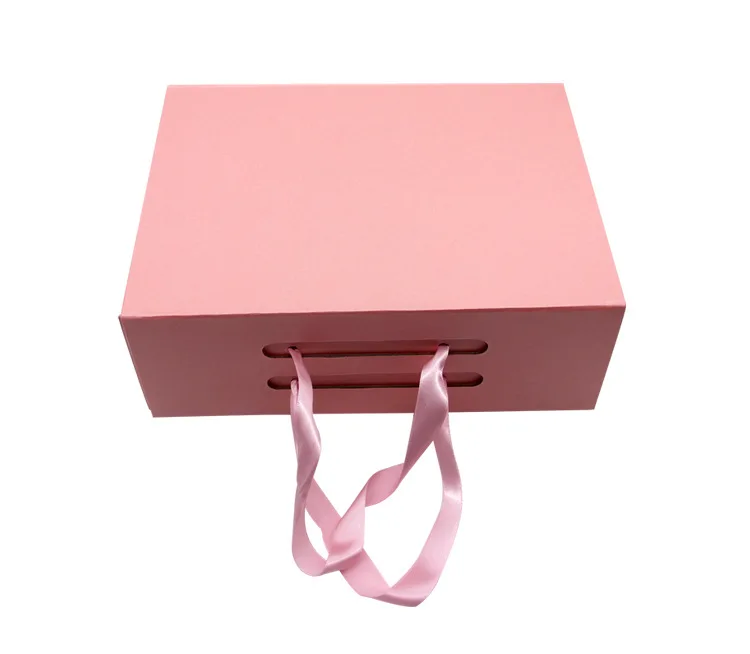 Pink magnetic gift box with ribbon carrying handle - Custom magnet box and Mailer Boxes