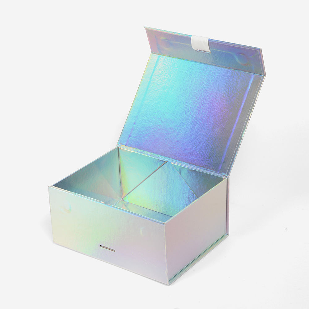 Caja de regalo cosmética plegable holográfica negra con tapa magnética
